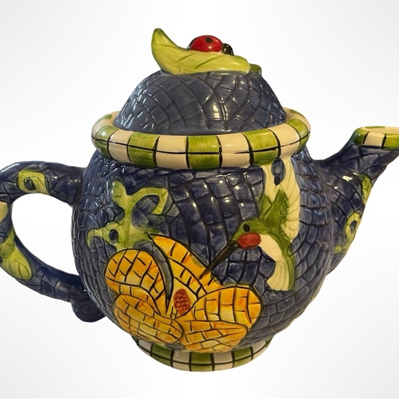 Colorful Ceramic Teapot with hummingbirds,bees and flowers. Mosaic design. - Picture 1 of 4